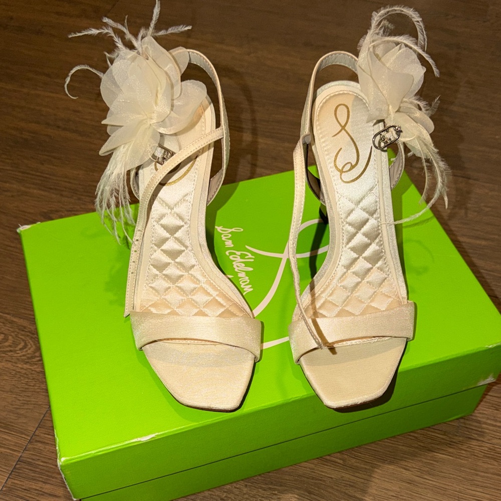 Sam Edelman Leana- Pearl Ivory Floral Feather Ankle-Strap Heels